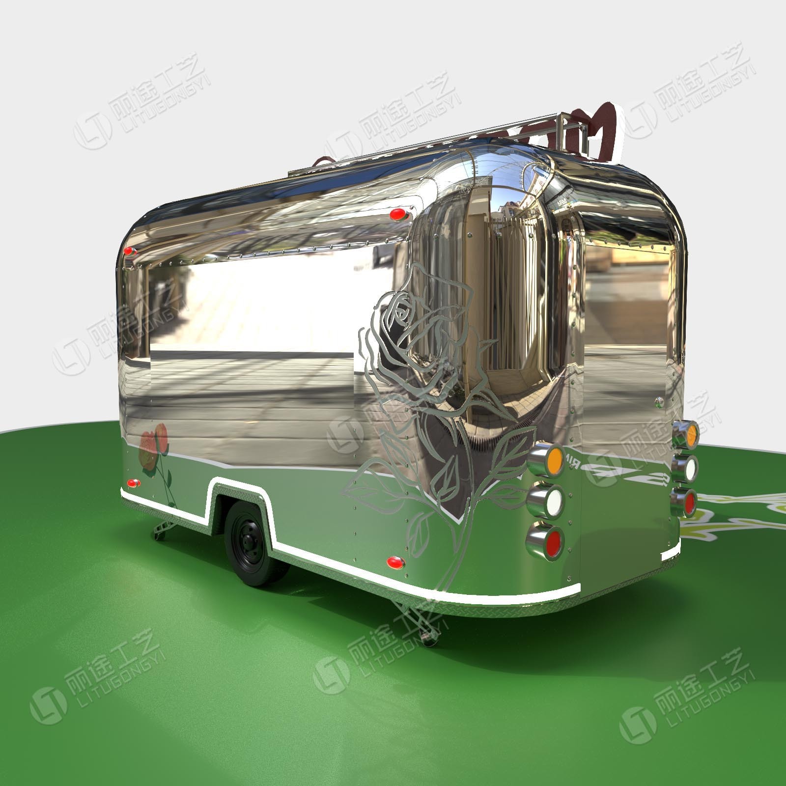 3D rendering of stainless steel dining car food truck mobile beer drink Food cart designs mobile fast food truck