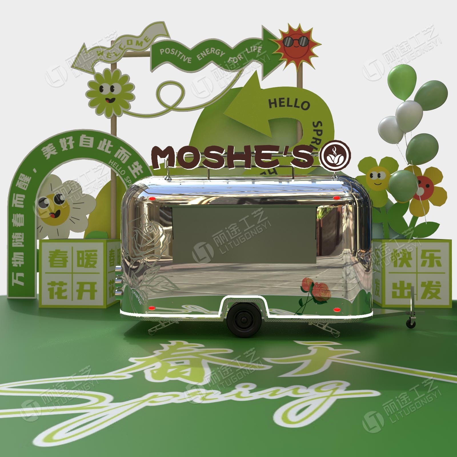 3D rendering of stainless steel dining car food truck mobile beer drink Food cart designs mobile fast food truck