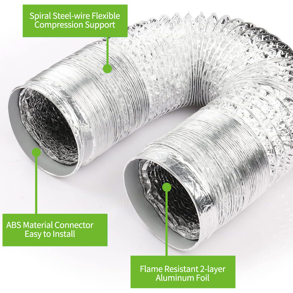 Lakeso Aluminum Pipe Aluminium Foil Flexible Duct Pipe Air Vent Air Ventilation Tube Dryer Duct