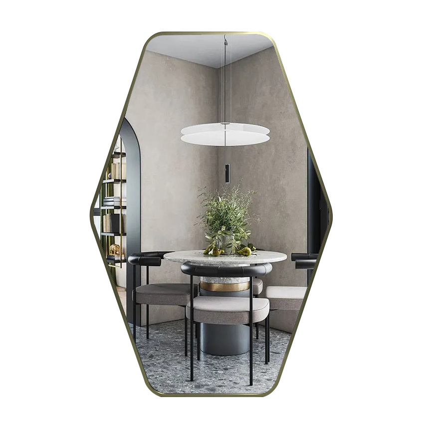 Modern New Design Hexagon Full-Length Wall Mirror Large Golden Framed Art Hanging Mirror Made of Glass for Home Decor