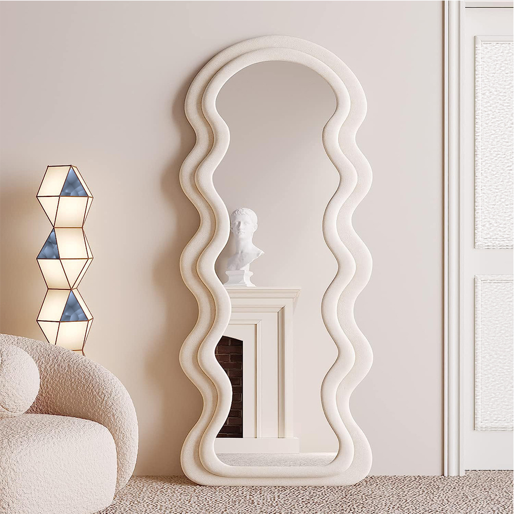 Custom Modern Wavy Shape Flannel Frame Decorative Full Body Mirror For Living Room Bedroom floor mirror espejo spiegel miroir