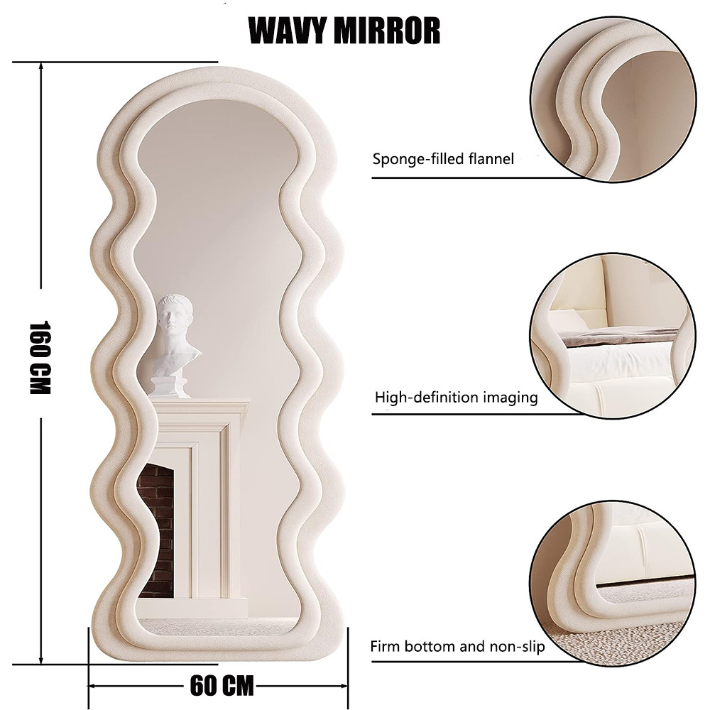 Custom Modern Wavy Shape Flannel Frame Decorative Full Body Mirror For Living Room Bedroom floor mirror espejo spiegel miroir