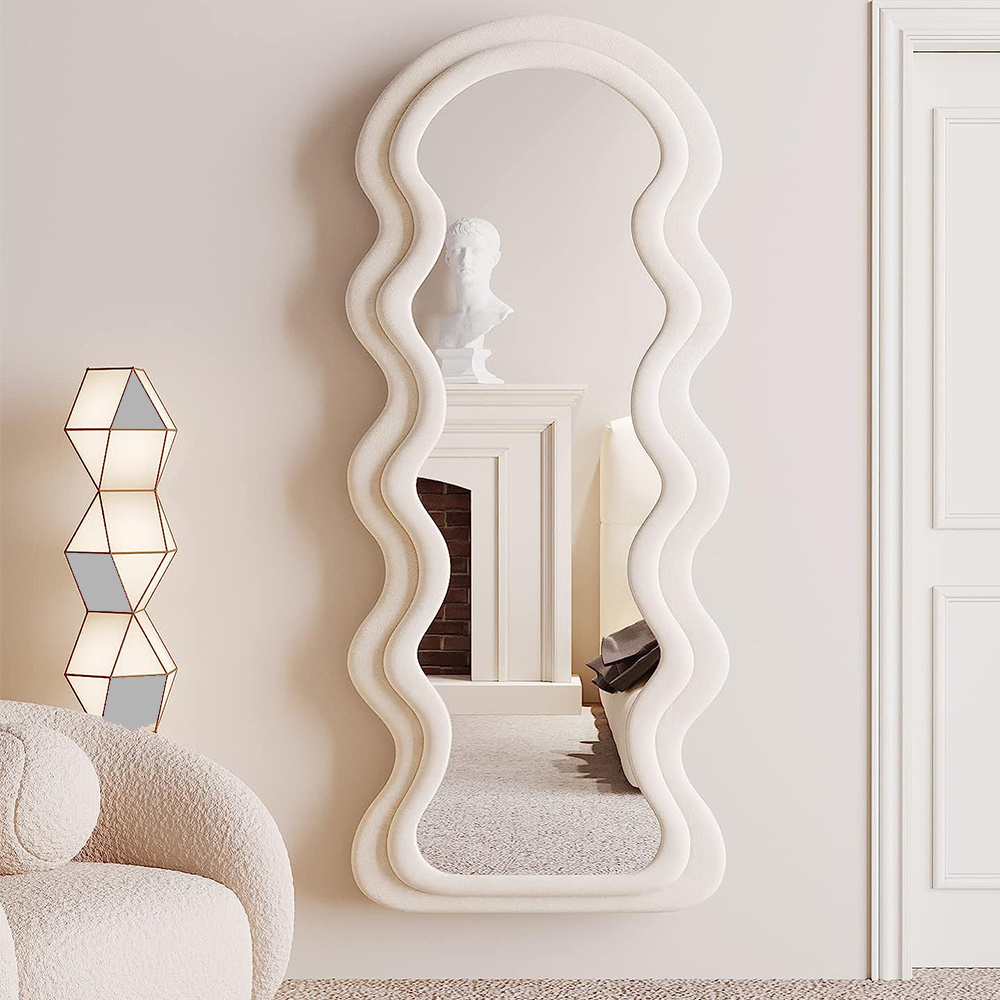 Custom Modern Wavy Shape Flannel Frame Decorative Full Body Mirror For Living Room Bedroom floor mirror espejo spiegel miroir