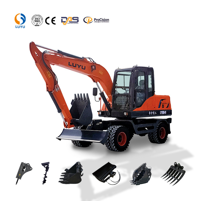 8ton Heavy Duty Mobile Rubber Tire Sand Steel Metal Scrap Bulk Material Handler Excavator on Wheel digging with grabber grapple