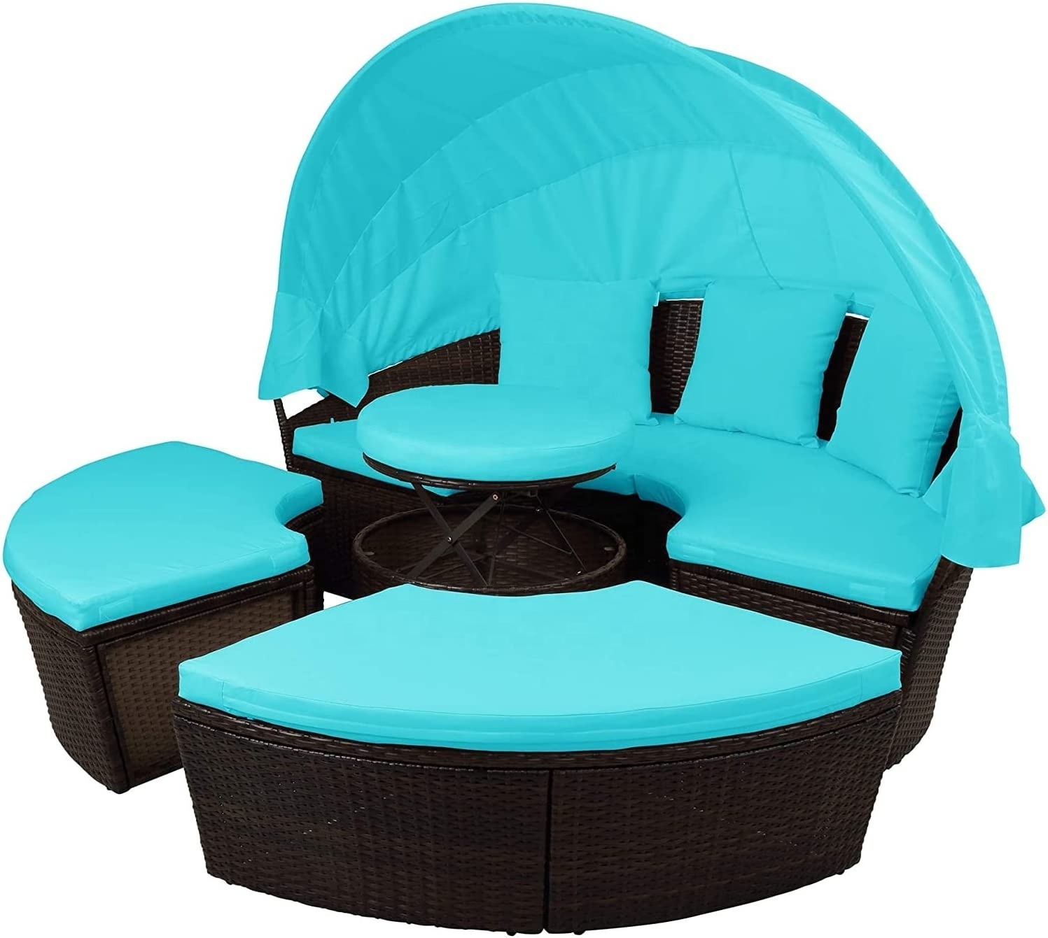 Round Patio Furniture with Retractable Canopy Outdoor Sectional Sofa Set Rattan Daybed Sunbed