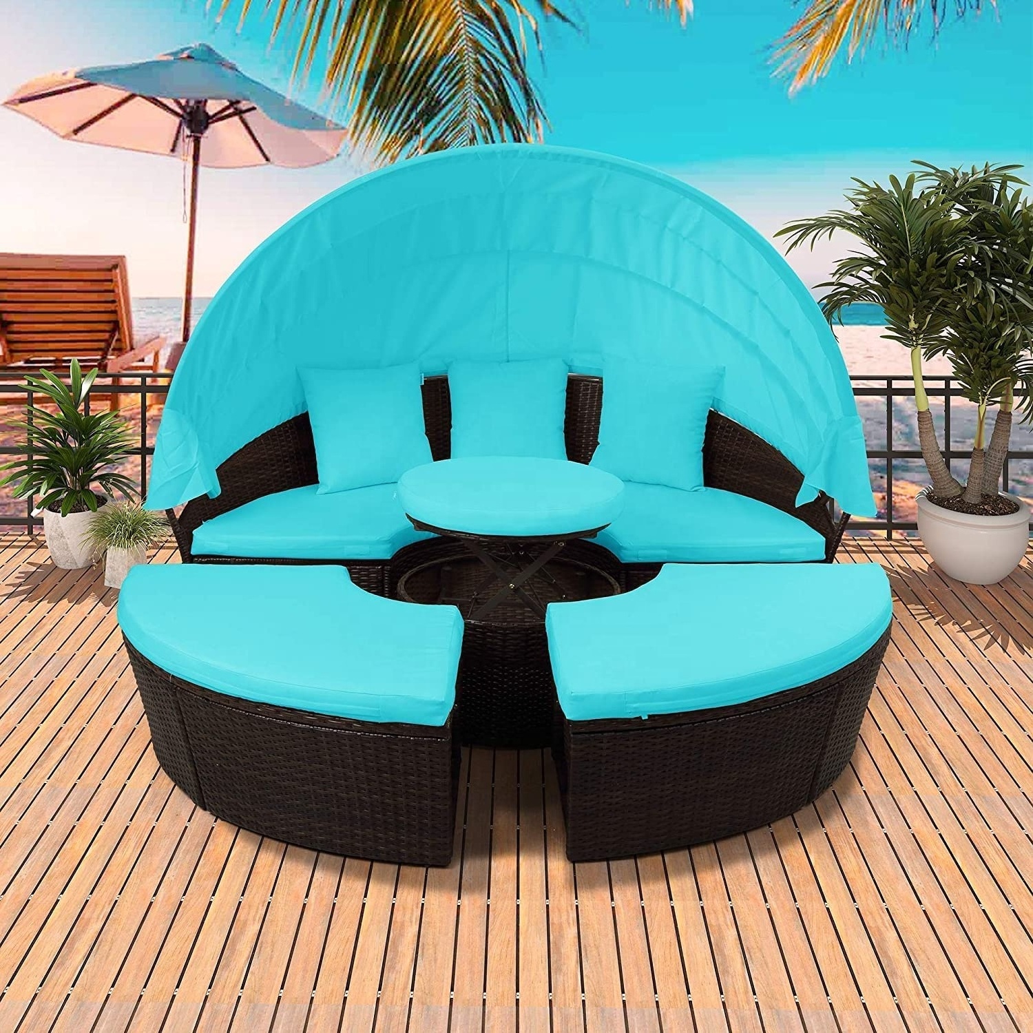 Round Patio Furniture with Retractable Canopy Outdoor Sectional Sofa Set Rattan Daybed Sunbed