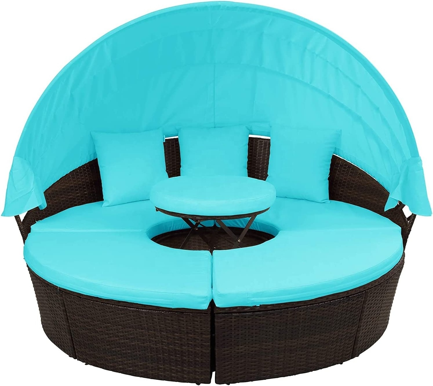 Round Patio Furniture with Retractable Canopy Outdoor Sectional Sofa Set Rattan Daybed Sunbed