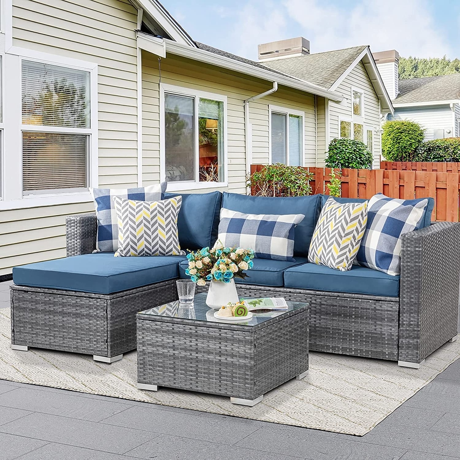 Patio Furniture Sets Silver All-Weather Rattan Wicker Small Patio Conversation Couch Backyard Outdoor Sectional Sofa