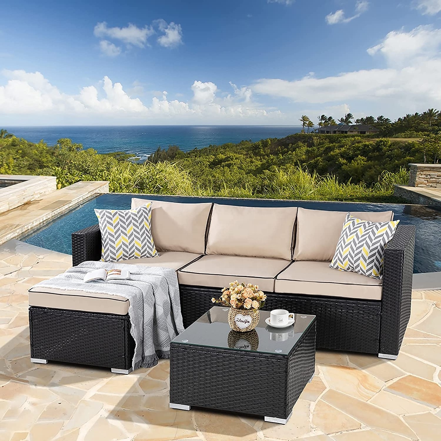 Patio Furniture Sets Silver All-Weather Rattan Wicker Small Patio Conversation Couch Backyard Outdoor Sectional Sofa