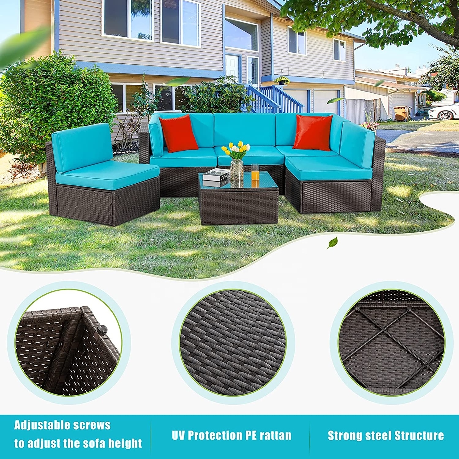 6 Piece Small Patio Furniture Sets Outdoor Sectional Sofa All Weather PE Wicker Patio Sofa