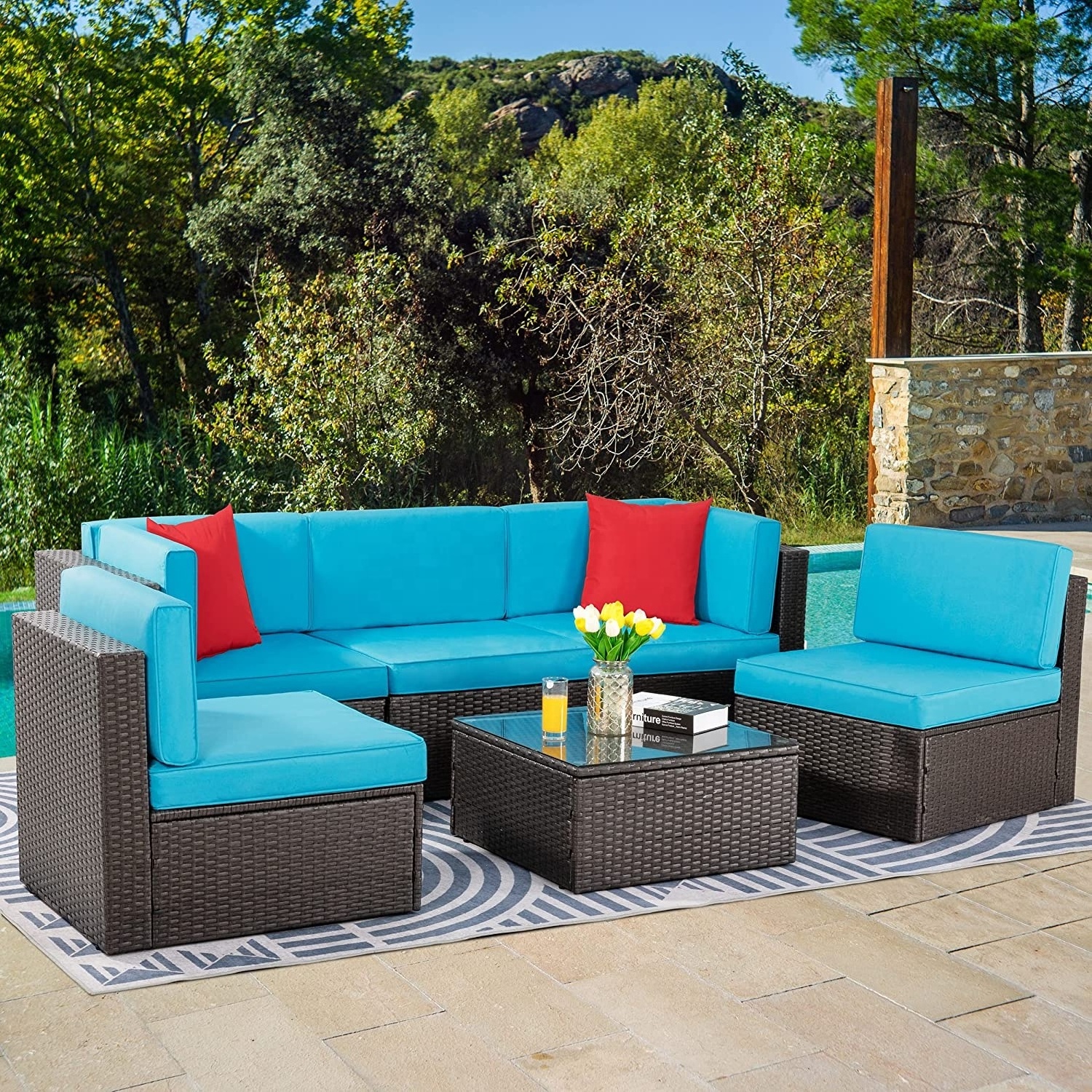 6 Piece Small Patio Furniture Sets Outdoor Sectional Sofa All Weather PE Wicker Patio Sofa