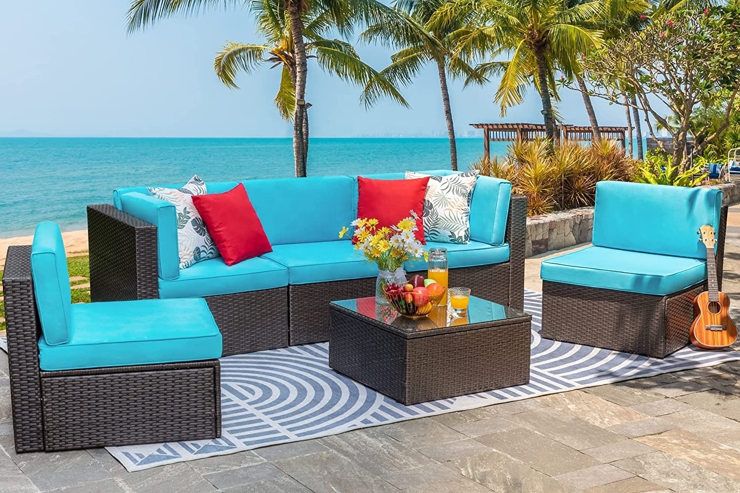 6 Piece Small Patio Furniture Sets Outdoor Sectional Sofa All Weather PE Wicker Patio Sofa