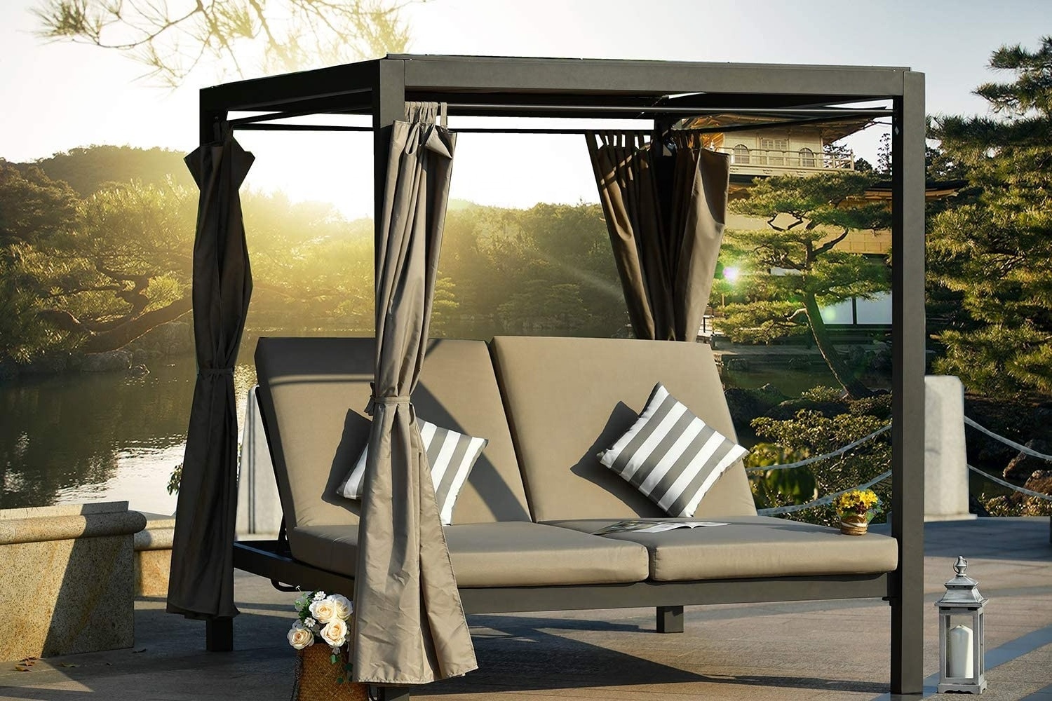 Wicker Outdoor Steel Frame Adjustable Sunbed with Canopy