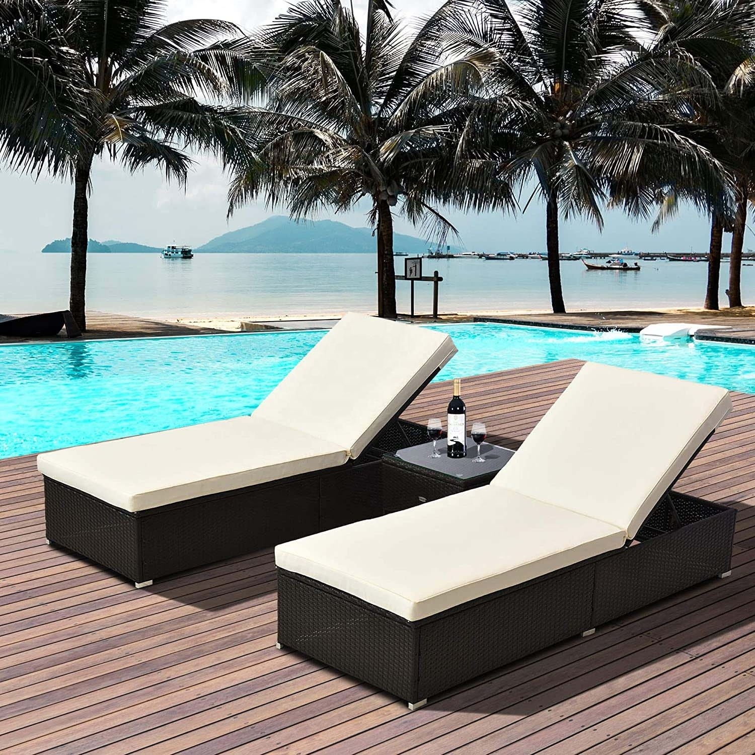 Patio Rattan Furniture Set of 2 with 5-Level Angles Adjust Backrest Thick Cushions Matching Table Outdoor Lounge Chairs