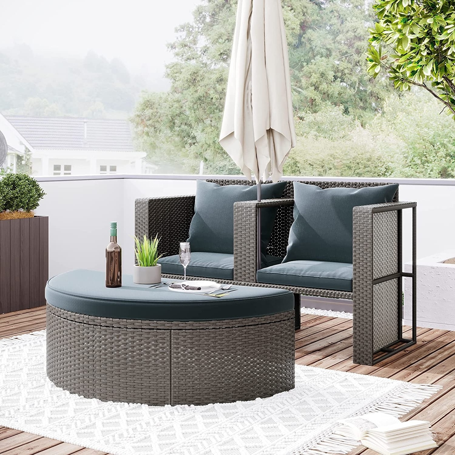 2-Piece Outdoor Wicker Sectional Sofa Set PE Wicker Patio Furniture Corner Sofa with Half-Moon Set for Porch Deck Garden