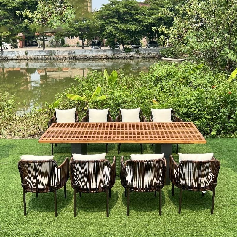 Luxury Teak Wood Outdoor Table Hotel Patio Rattan Webbing Armchair Wood Dining Room Set Teak Outdoor Dining Set