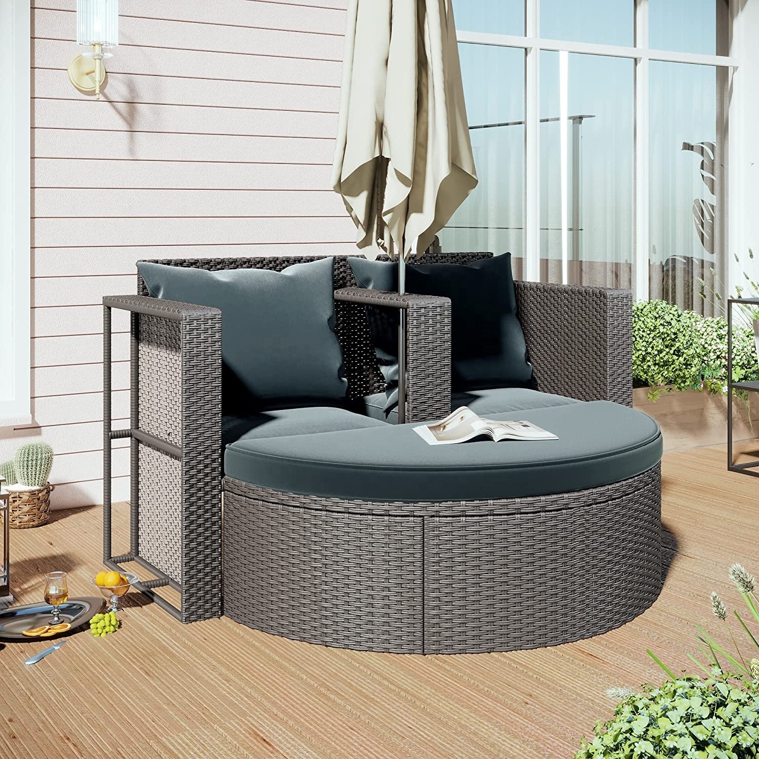 2-Piece Outdoor Wicker Sectional Sofa Set PE Wicker Patio Furniture Corner Sofa with Half-Moon Set for Porch Deck Garden