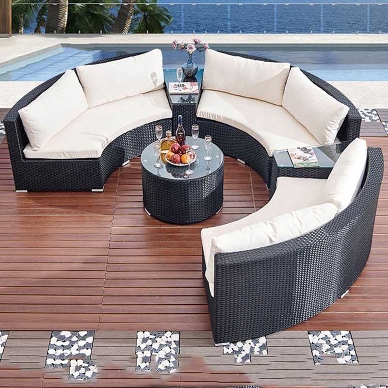 Cafe Outdoor Furniture High End Curved Garden Round Sectional Rattan Sofa