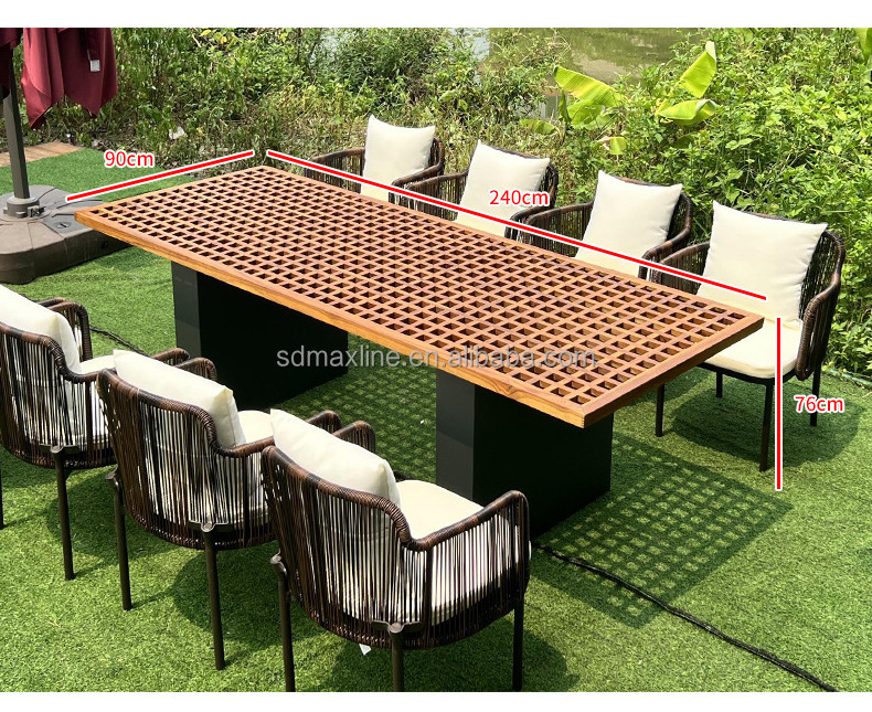 Luxury Teak Wood Outdoor Table Hotel Patio Rattan Webbing Armchair Wood Dining Room Set Teak Outdoor Dining Set