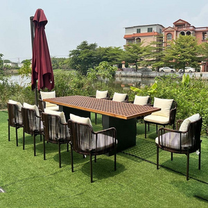 Luxury Teak Wood Outdoor Table Hotel Patio Rattan Webbing Armchair Wood Dining Room Set Teak Outdoor Dining Set