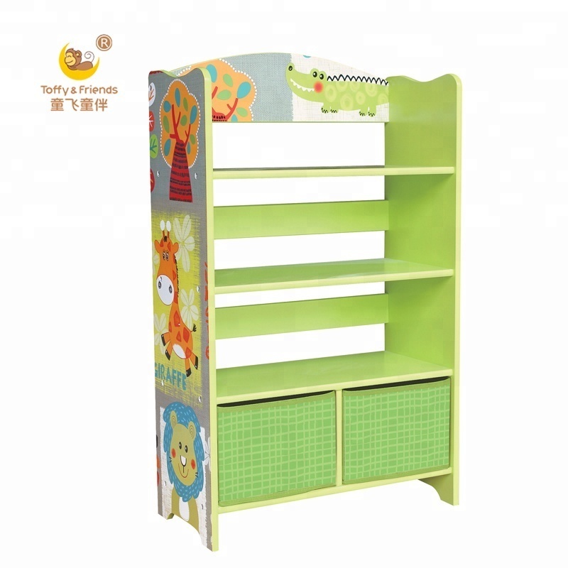 Toffy & Friends Wooden Kids Bookshelf Storage Shelf Bookcase with fabric drawers