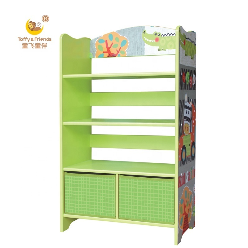 Toffy & Friends Wooden Kids Bookshelf Storage Shelf Bookcase with fabric drawers