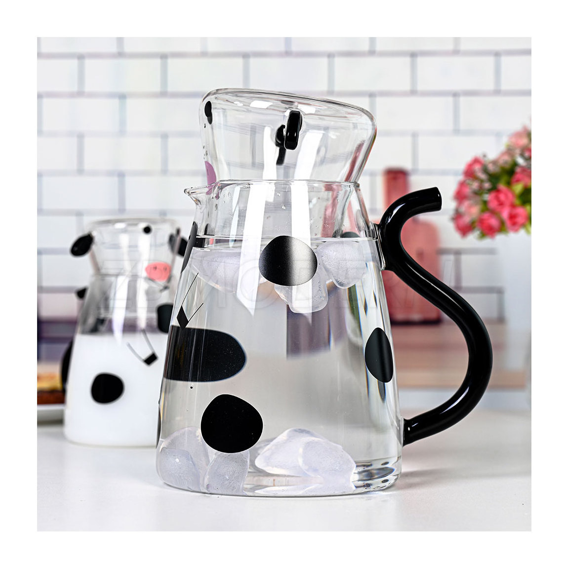 Glass Water Pitcher with Glass Cup, Cute Cow Bedside Carafe Set Glass Tea Pitcher Kettle Milk Jug Night Water Carafe