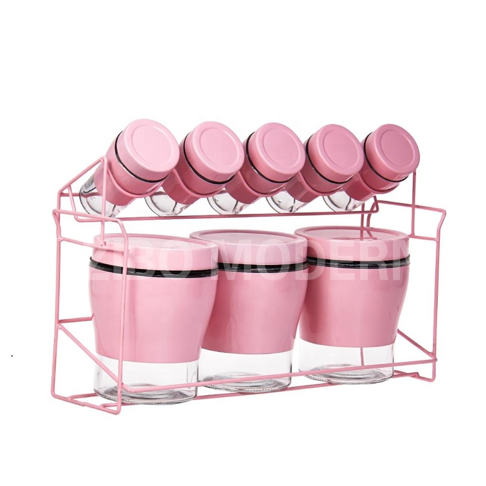 Coated Metal + Glass Pink Color Spice Rack Holder with 6 Shaker and 3 Canister - Spice Storage Rack