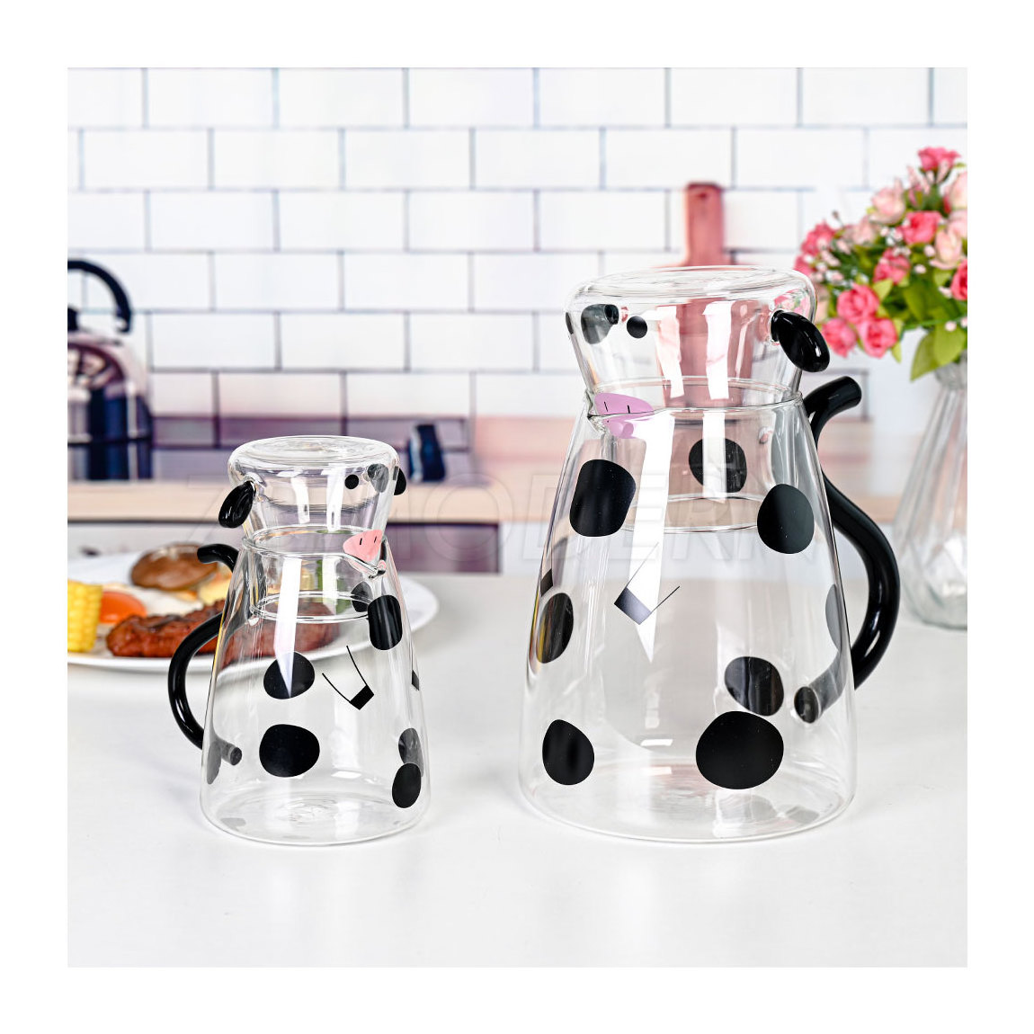 Glass Water Pitcher with Glass Cup, Cute Cow Bedside Carafe Set Glass Tea Pitcher Kettle Milk Jug Night Water Carafe