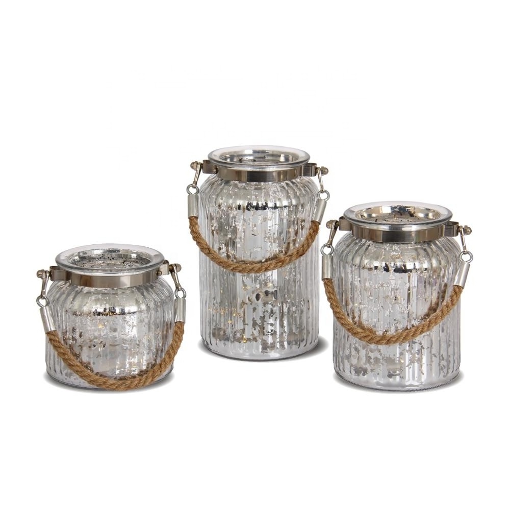 Romantic Hanging Mercury Votive Ribbed Glass Candle Holders With Natural Rope Handle