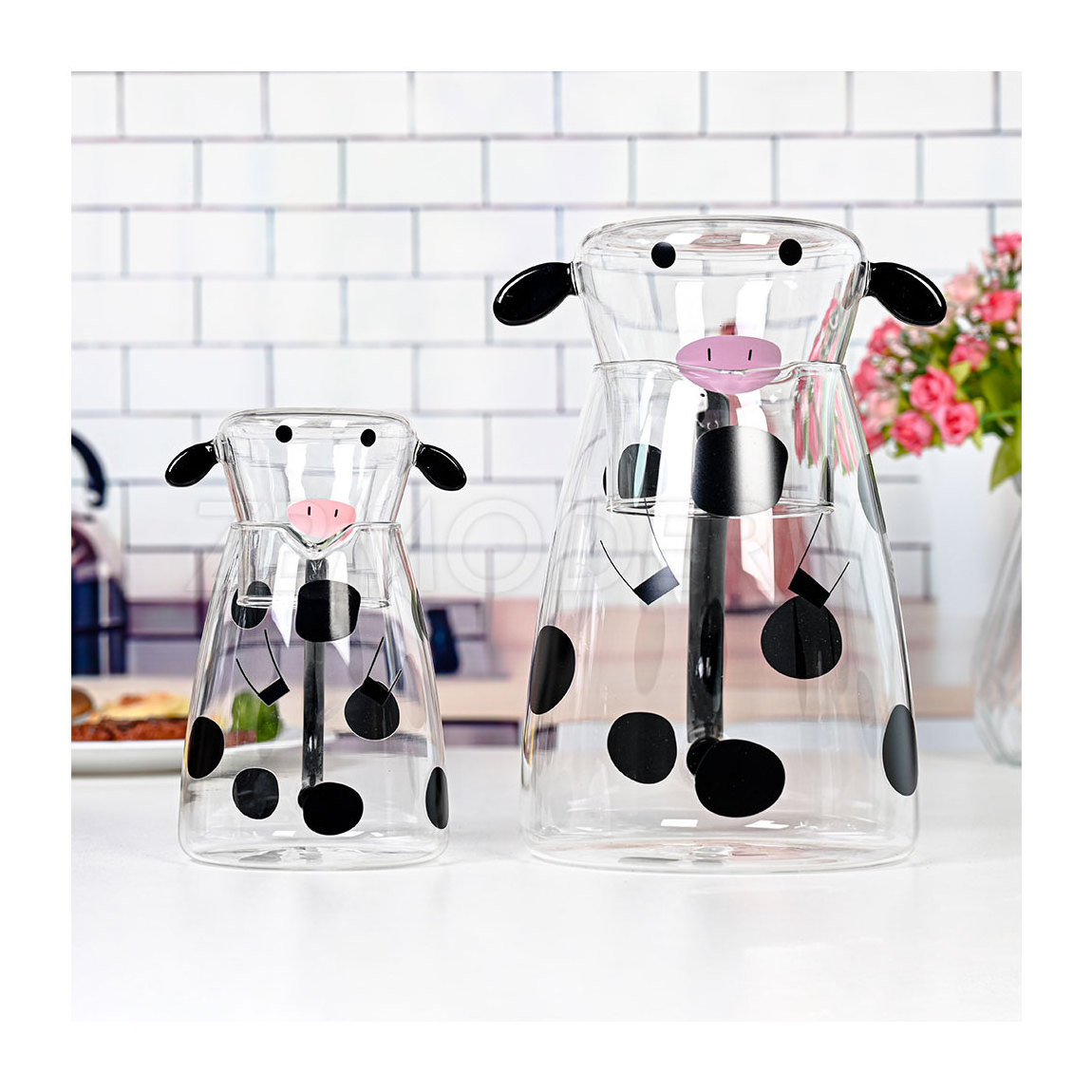 Glass Water Pitcher with Glass Cup, Cute Cow Bedside Carafe Set Glass Tea Pitcher Kettle Milk Jug Night Water Carafe