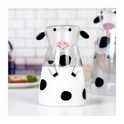 Glass Water Pitcher with Glass Cup, Cute Cow Bedside Carafe Set Glass Tea Pitcher Kettle Milk Jug Night Water Carafe