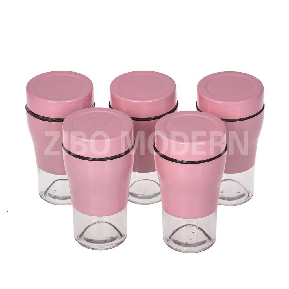 Coated Metal + Glass Pink Color Spice Rack Holder with 6 Shaker and 3 Canister - Spice Storage Rack