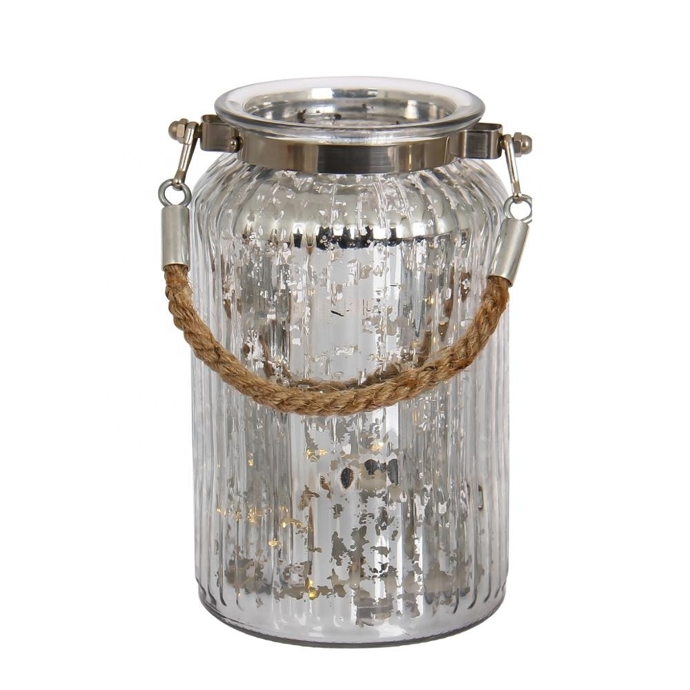 Romantic Hanging Mercury Votive Ribbed Glass Candle Holders With Natural Rope Handle