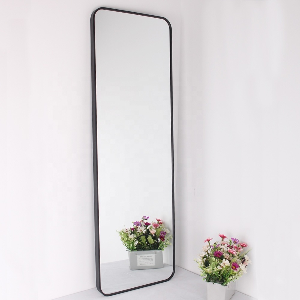 Aluminum Framed Mirror Contemporary Black Aluminum Alloy Framed Rounded Corner Vertical Hanging Wall Rectangle Mirror