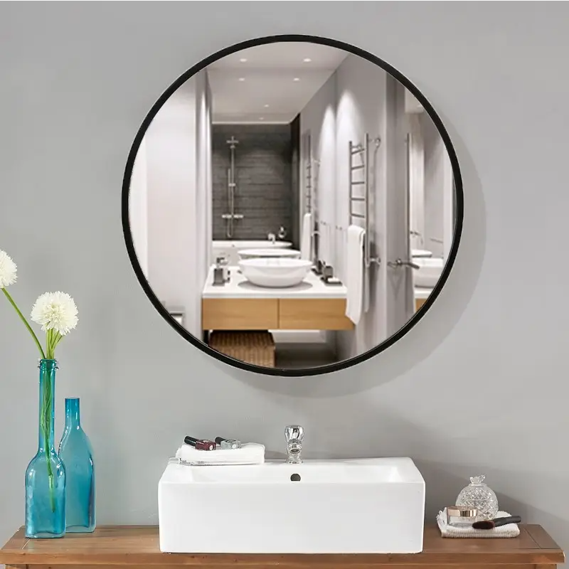 Manufacturer Wall Round Mirror Large Wall Mounted Circle Mirror Black Metal Frame for Bathroom Entry Dining Room, & Living Room