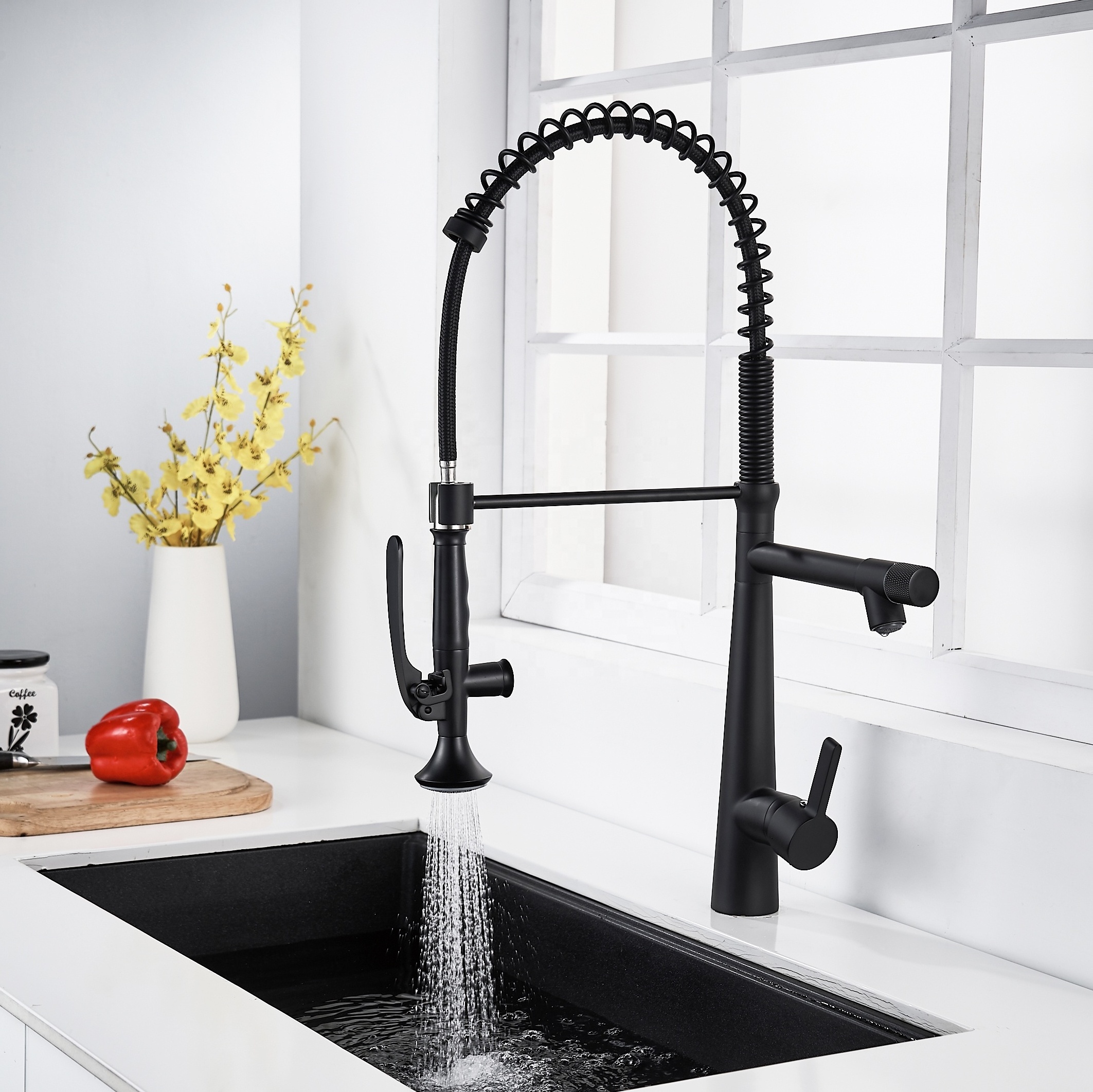 Long Handle Modern Design Black Pull Down Copper European Commercial Pull Out Kitchen Mixer Water Faucet