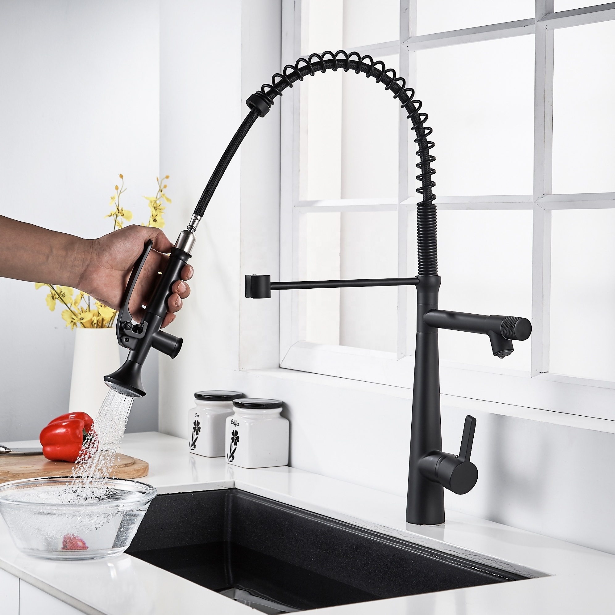 Long Handle Modern Design Black Pull Down Copper European Commercial Pull Out Kitchen Mixer Water Faucet