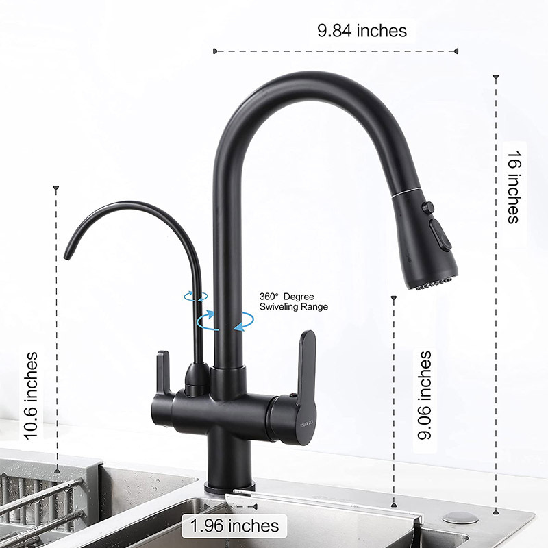 Commercial 3 way Drinking Water Faucet, High Arc Water Filter Purifier Kitchen Faucets, Dual Handle Pull Out Kitchen Sink Faucet