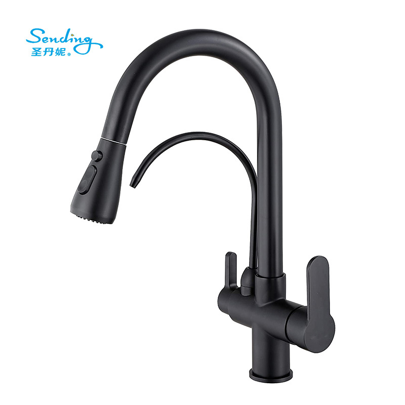 Commercial 3 way Drinking Water Faucet, High Arc Water Filter Purifier Kitchen Faucets, Dual Handle Pull Out Kitchen Sink Faucet