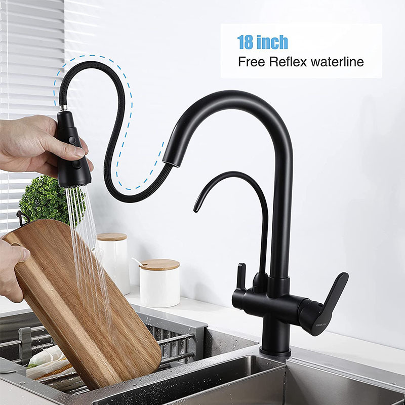 Commercial 3 way Drinking Water Faucet, High Arc Water Filter Purifier Kitchen Faucets, Dual Handle Pull Out Kitchen Sink Faucet