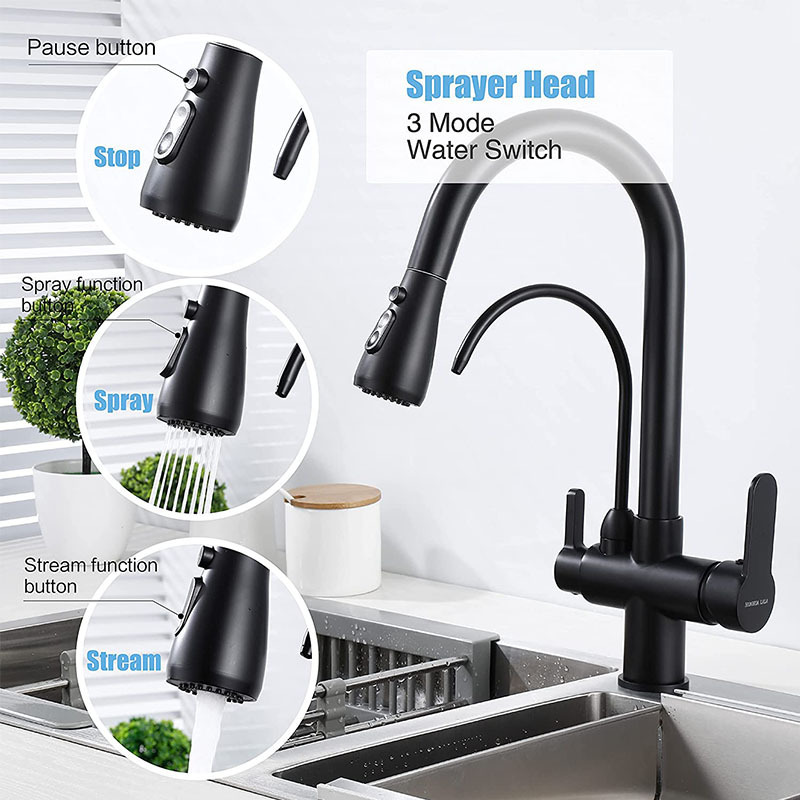 Commercial 3 way Drinking Water Faucet, High Arc Water Filter Purifier Kitchen Faucets, Dual Handle Pull Out Kitchen Sink Faucet