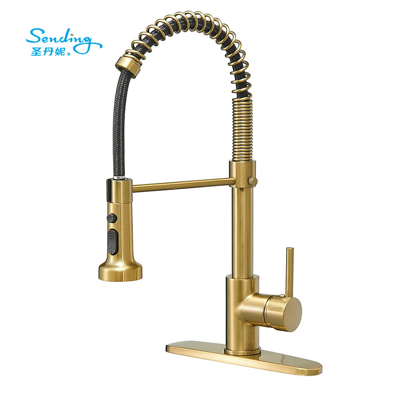 Laundry Faucet, Commercial Rv Kitchen Sink Faucet, High Arc Brushed Gold Spring Kitchen Faucet with Pull Down Sprayer