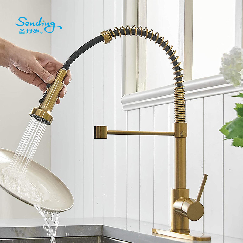 Laundry Faucet, Commercial Rv Kitchen Sink Faucet, High Arc Brushed Gold Spring Kitchen Faucet with Pull Down Sprayer