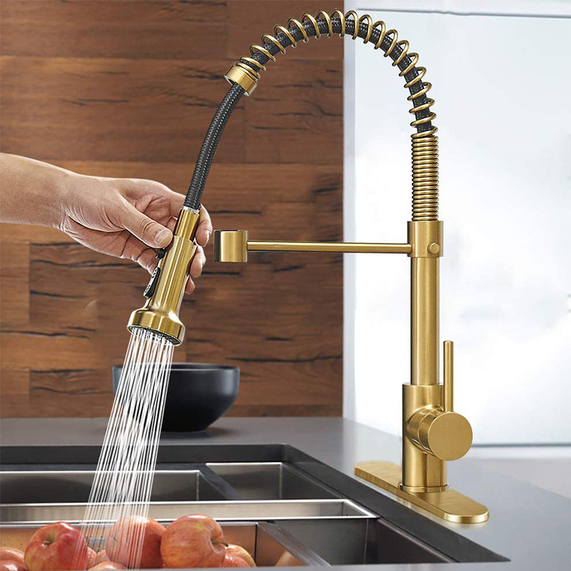 Laundry Faucet, Commercial Rv Kitchen Sink Faucet, High Arc Brushed Gold Spring Kitchen Faucet with Pull Down Sprayer