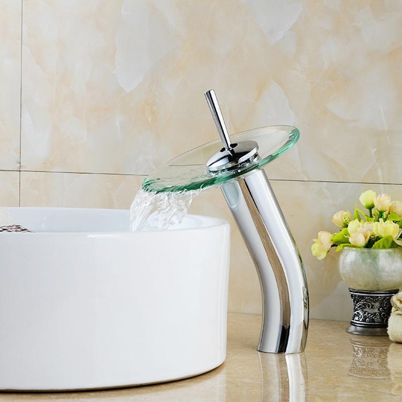 Mushroom-shaped long neck Glass bathroom waterfall Faucet,Transparent lavatory vessel water faucet,Bathroom basin sink Mixer Tap