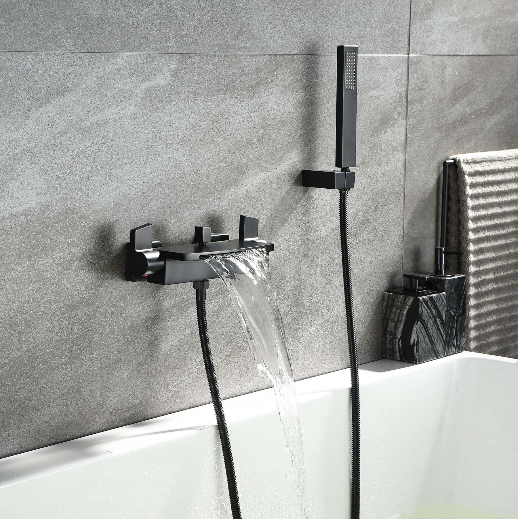 Polished Waterfall Wall Mounted Bathroom Bathtub Shower Faucet  with Hand shower Hot and Cold Mixer Tap