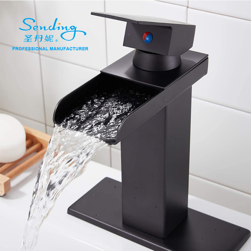 Stainless steel Square Single Handle Ceramic Waterfall Washing Basin Sink Faucet with plate