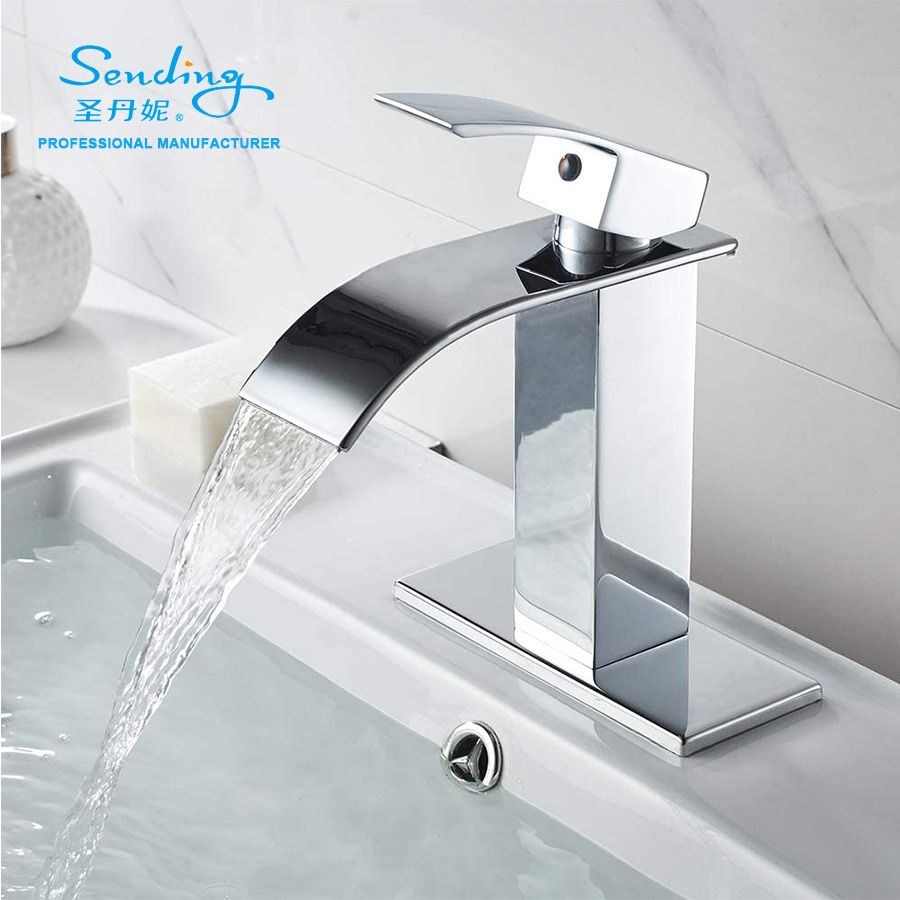 Factory Directly Vanity Sink Bathroom Basin Faucet Taps Stainless Steel Square Waterfall Faucet With Plate