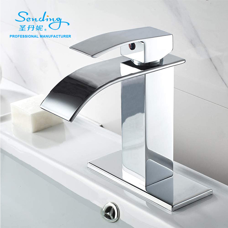 Factory Directly Vanity Sink Bathroom Basin Faucet Taps Stainless Steel Square Waterfall Faucet With Plate